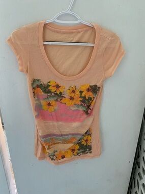 Mossimo Supply Co. Peach Scoop Neck Tee with Yellow Floral Print